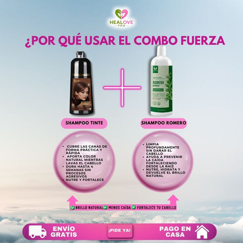 COMBO COLOR + FUERZA (SHAMPOO TINTE CUBRE CANAS + SHAMPOO DE ROMERO)